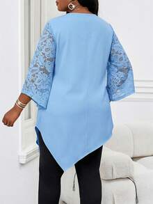 SHEIN Lady Plus Size Women's Blue Metallic Round Neck 3/4 Sleeve Loose Asymmetric Hem Elegant Shirt Women's Lace Ruffle Sleeve Going Out  Stylish Clothing Collection Casual Shirt For Women - Blue - View 2