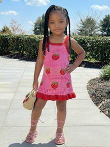 SHEIN 年轻女孩休闲度假钩针编织紫红色海星连衣裙 - 玫紅色 - 查看 3