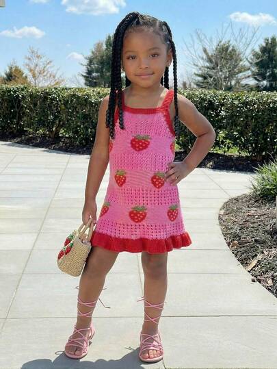 SHEIN Young Girl Casual Vacation Crochet Fuchsia Starfish Crochet Dress