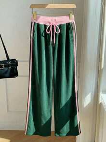 Comfortcana 女士弹力腰带条纹阔腿宽松休闲运动裤，适合返校季、秋季穿着，女士夏季运动撞色条纹裤，慢跑裤，运动套装，比赛日服装 - 墨綠色 - 查看 4