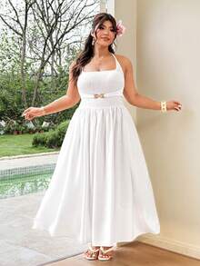 Celure Elegant Plus Size White Engagement Wedding Dress With Halter Neck Sleeveless Long Flared Design And Gold Button Detail - White - View 4