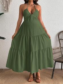 Cheriluna Maternity Maternity Solid Color Halter Tie Backless Ruched Casual Vacation Dress - Army Green - View 3