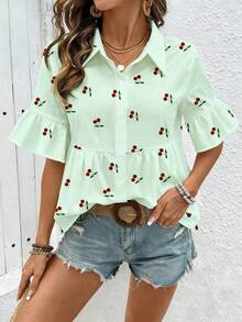 SHEIN Holidaya 女士新款夏季清新白领衬衫，樱花印花，褶裥喇叭袖，宽松版型，休闲百搭，适合通勤、度假等场合，面料舒适。 - 薄荷綠 - 查看 1