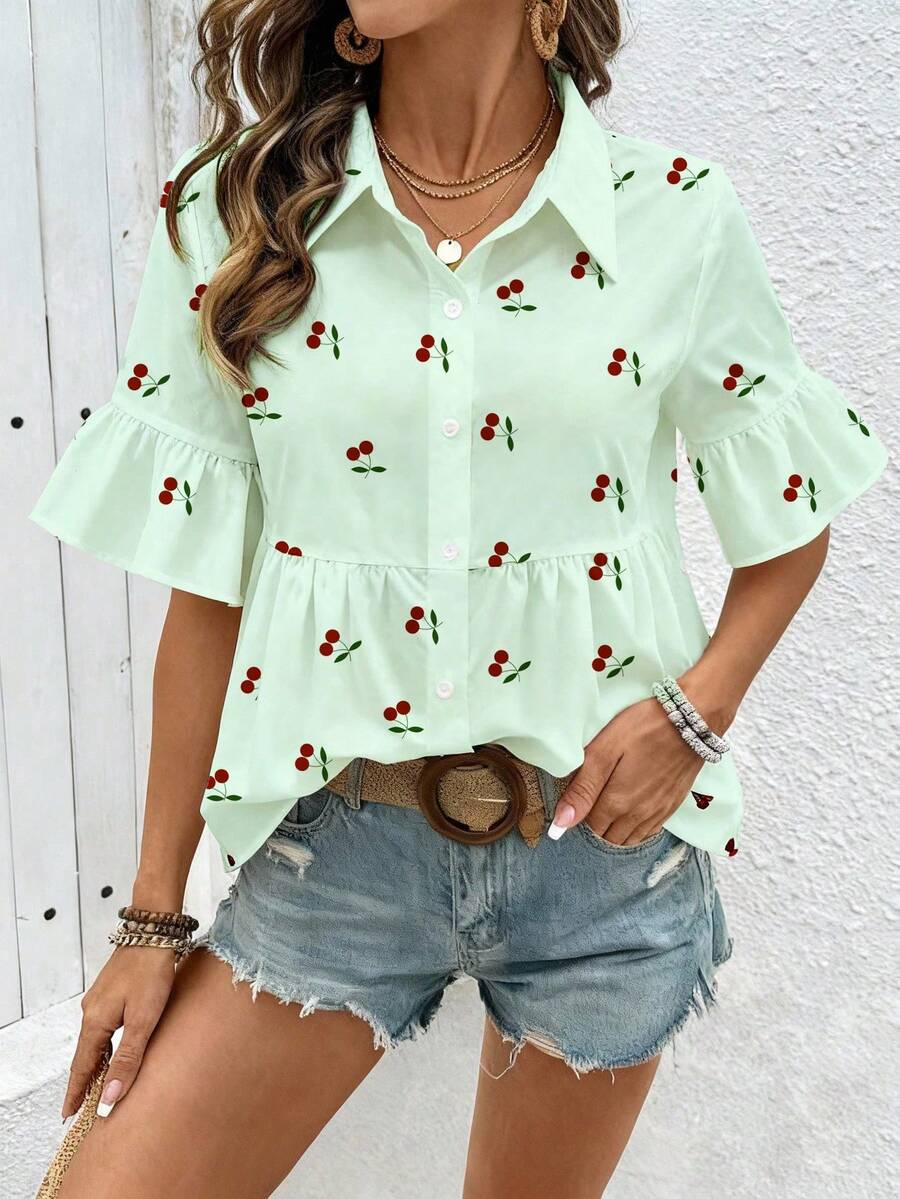 SHEIN Holidaya 女士新款夏季清新白领衬衫，樱花印花，褶裥喇叭袖，宽松版型，休闲百搭，适合通勤、度假等场合，面料舒适。 - 薄荷綠 - 查看 1