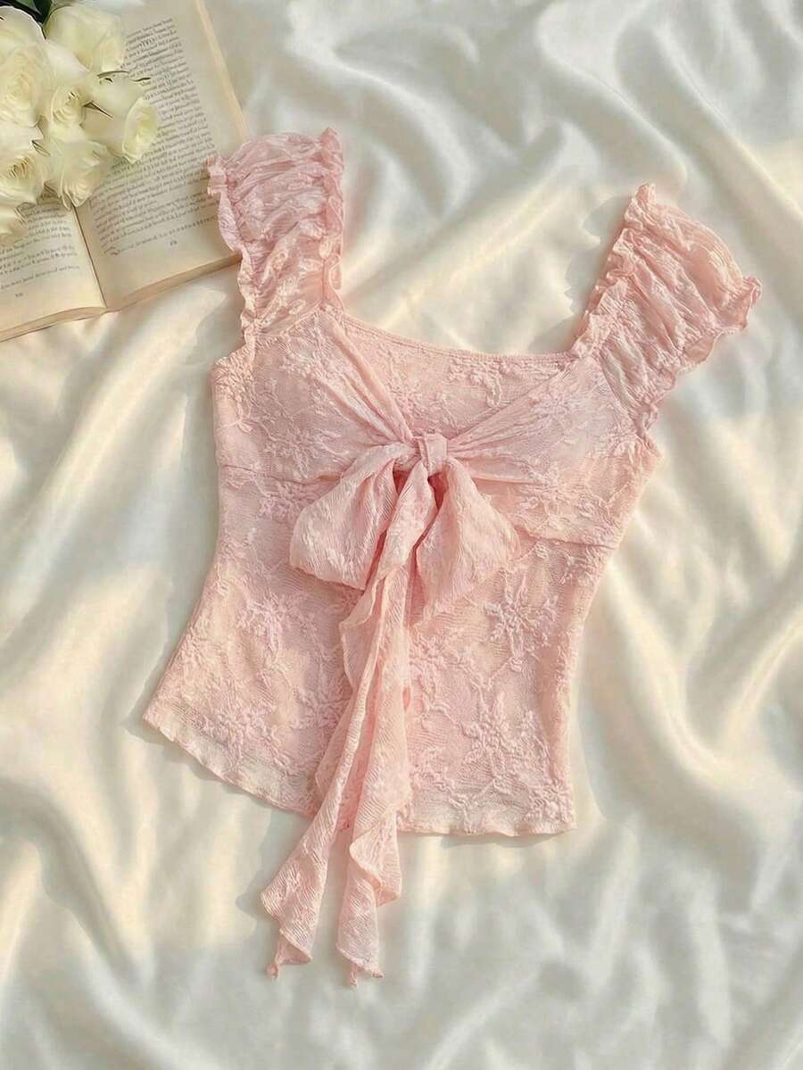 SHEIN MOD 女士贝壳袖系带修身粉色上衣，适合度假、春夏、节日、派对、海滩、婚礼、毕业典礼、外出、晚礼服、生日等场合，优雅百搭，是夏季度假的理想之选。这款上衣款式多样，包括荷叶边上衣、娃娃衫、可爱上衣、Y2K风格娃娃衫、蝴蝶结上衣、蕾丝上衣等，是夏季的时尚单品。 - 粉色 - 查看 1