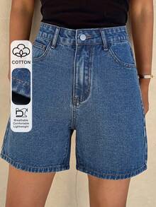 DAZY Women's Casual High Waist Cotton Solid Color Denim Shorts, Summer - Blue - View 1