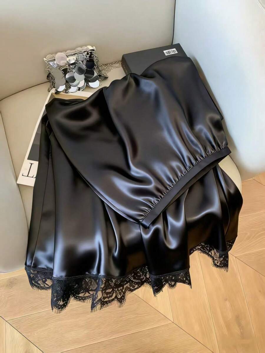 Franclia Satin Finish Apricot A-Line Skirt With Lace Hem, High-End Design For Women - Black - View 1