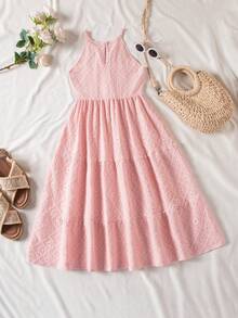 SHEIN Vintaside Kids Young Girl Solid Color Halter Neck Casual Vacation Dress - Pink - View 2