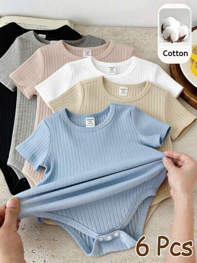 SHEIN 6件套男女宝宝通用新生儿100%纯棉休闲纯色弹力罗纹短袖连体衣套装，易于穿脱，春夏款