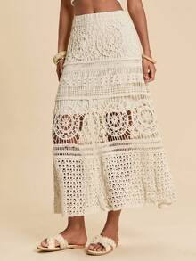 Travachic 女士纯色针织镂空百搭长款毛衣裙 - 杏色 - 查看 5