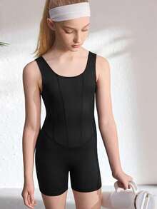 SHEIN 少女黑色极简高弹面料连体裤，无袖连体裤，适合学校、专业训练、芭蕾舞、体操、舞蹈工作室练习，四季皆宜。 - 黑色 - 查看 7