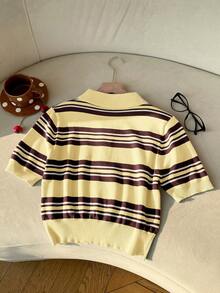 SHEIN EZwear Casual Striped Short Sleeve Knit Top, Spring/Summer - Yellow - View 2