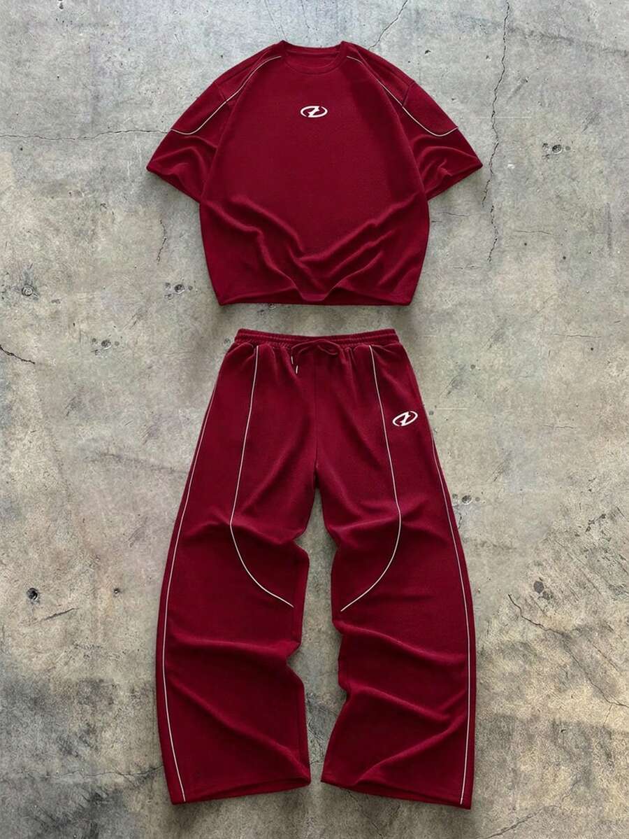 AXEPEAK Conjunto de camiseta y pantalones con ribete de contraste para hombre - Rojo - Ver 1