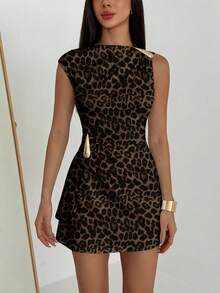 Aloruh Elegant Leopard Print Metal Decor Ruched Umbrella Hem Mini Dress, Suitable For Vacation, Date,Summer Dresses Women - White - View 8