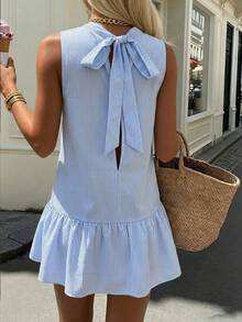 Aloruh 女士春夏新款蓝白条纹衬衫裙，迷你连衣裙，休闲街头风，性感连衣裙，女士度假装 - 藍白色 - 查看 3