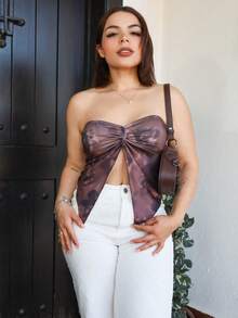 Lupita Cardoza 休闲复古优雅度假风百搭暖棕色抽象渐变花卉剪影印花设计，前扭结不对称下摆女式上衣，适合春夏穿着 - 彩色 - 查看 1