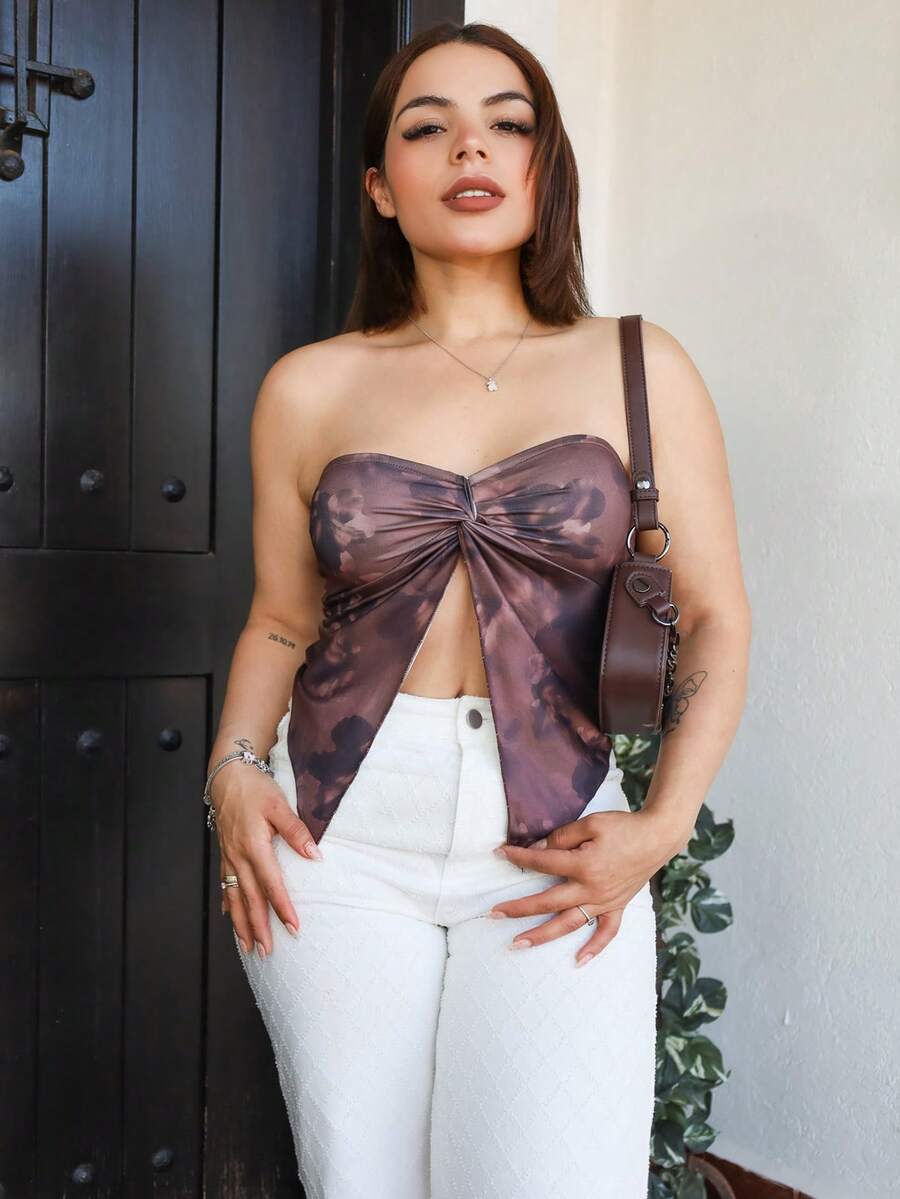 Lupita Cardoza 休闲复古优雅度假风百搭暖棕色抽象渐变花卉剪影印花设计,前扭结不对称下摆女式上衣,适合春夏穿着 - 彩色 - 查看 1