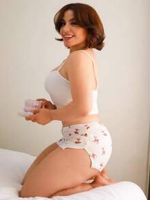 Lupita Cardoza 2件組女款緊身鹿花紋性感前衛套裝，含蝴蝶結肩帶鹿花紋超低腰迷你短褲，適合睡衣、休閒穿著與外出，可愛兩件式短套裝，女款泳裝高腰套裝，夏季短褲兩件式套裝 - 白色 - 查看 3
