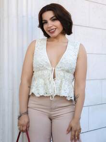 Lupita Cardoza 女式提花深V领系腰荷叶边下摆性感时尚衬衫 - 杏色 - 查看 5
