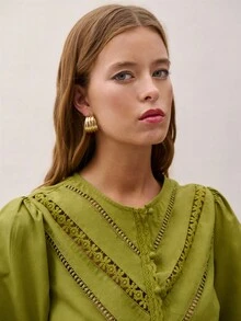 Nöista Green Blouse With A Structured Silhouette, Featuring A Round Neckline, Front Button Closure And Delicate Lace Inserts Arranged In A V-Shape. Designed With Voluminous Three-Quarter Sleeves And Subtle Gathered Cuffs, It Blends Romantic Detailing With A Modern Fit. Perfect For Spring And Summer, Ideal For Elegant Everyday Looks, Work Outfits Or Elevated Casual Styling. - Olive Green - View 3