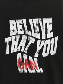 男士“相信自己”标语做旧喷漆图案落肩宽松T恤，休闲健身运动街头时尚励志复古风格，柔软舒适，夏季，复古美式，男女皆宜，宽松版型夏季服装——适合日常穿着和夏季度假服装。 - 黑色 - 查看 1