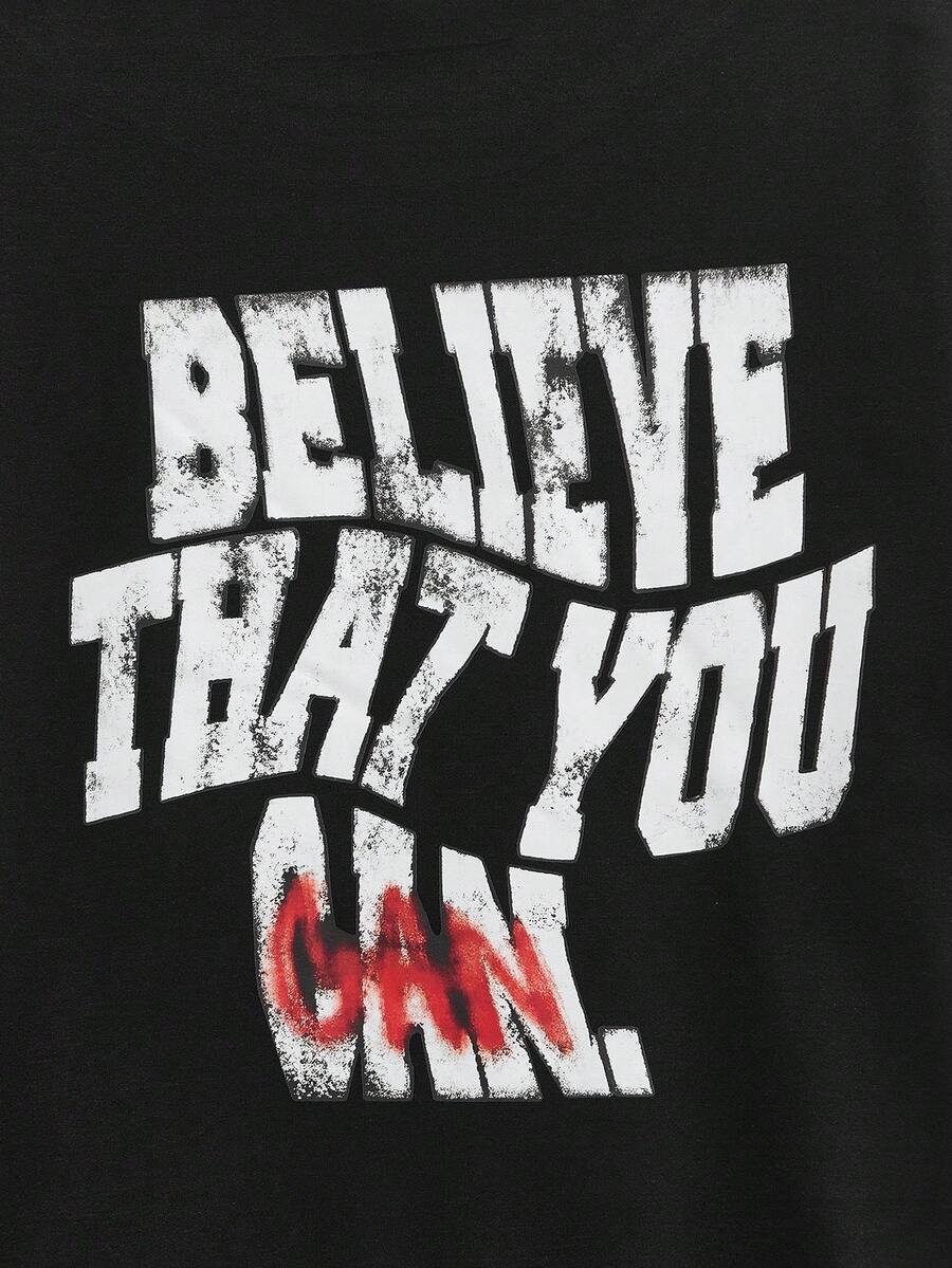 男士“相信自己”标语做旧喷漆图案落肩宽松T恤，休闲健身运动街头时尚励志复古风格，柔软舒适，夏季，复古美式，男女皆宜，宽松版型夏季服装——适合日常穿着和夏季度假服装。 - 黑色 - 查看 1