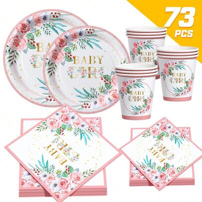 Bộ đồ dùng tiệc dùng một lần cho bé gái, gồm đĩa, khăn ăn và cốc giấy viền hồng, phù hợp cho 16 khách, thích hợp cho sinh nhật, đám cưới, tiệc theo chủ đề, dã ngoại gia đình.