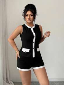 Elenzga Plus Size Women's French Style Elegant Black And White Summer 2-Piece Set,Fitted Sleeveless Top And Shorts Outfit For Everyday Brunch And Casual Wear - Black - View 3