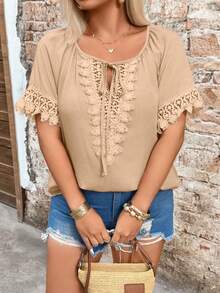 SHEIN Holidaya Plus Size V-Neck Lace Trim Raglan Sleeve Tie Collar Blouse - Khaki - View 4