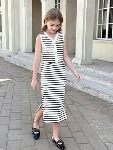 SHEIN Tween Girl Casual Chic Knit Striped V-Neck Button Front Sleeveless Crop Top And Bodycon Skirt Set, Back To School - Black and White - View 1