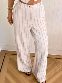 SHEIN EZwear Grey-Pink Striped Woven Women's Suit Pants - Pink - View 6