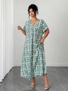 Elenzga Plus Size Fashionable Commuter All-Over Print Dress - Multicolor - View 3