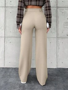EURMUSE Women's Solid Color Button-Front Minimalist Suit Pants, Casual Everyday Wear - Krem - View 2