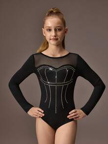 Tween Girls Gymnastics Leotard A Professional Gymnastics Jumpsuit With High Elasticity And Soft Black Energetic Patterns, Sparkling Rhinestones, Full Body Tight Gymnastics Bodysuit - Black - View 5