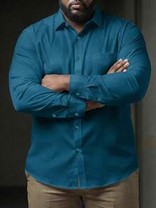 Manfinity Mode Áo sơ mi công sở dài tay cài nút màu trơn cỡ lớn cho nam, mùa thu - Màu xanh ngọc - Xem 2