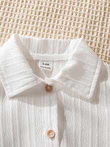 SHEIN Bộ áo liền quần tay dài cổ bẻ kẻ sọc mùa xuân cho bé trai, dáng rộng, thích hợp cho các hoạt động thường ngày, họp mặt gia đình, tiệc sinh nhật lần thứ nhất và chụp ảnh. - trắng - Xem 5