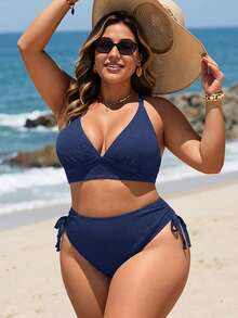 SHEIN Swim Vcay 大码纯色纹理面料可调节肩带比基尼套装 大码泳衣 比基尼上衣 女士比基尼套装 大码比基尼套装 女士大码泳装 - 藏蓝色 - 查看 3