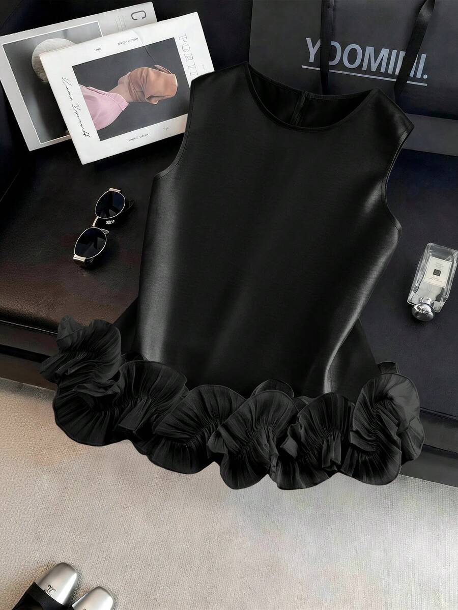 SHEIN Franclia 女士优雅缎面双层荷叶边无袖背心,适合春夏外出和约会 - 黑色 - 查看 1
