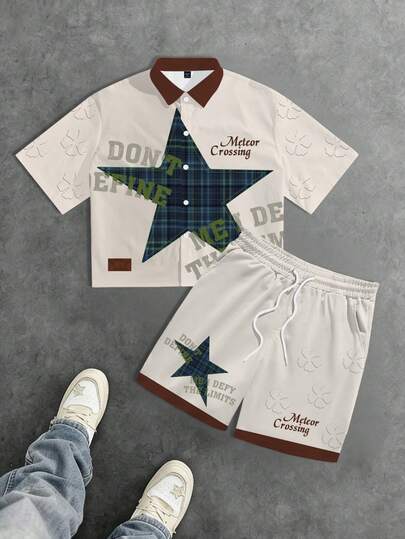 Manfinity EMRG 男士复古格子星形印花短袖衬衫套装，复古格子撞色领休闲两件套，街头风日常穿搭