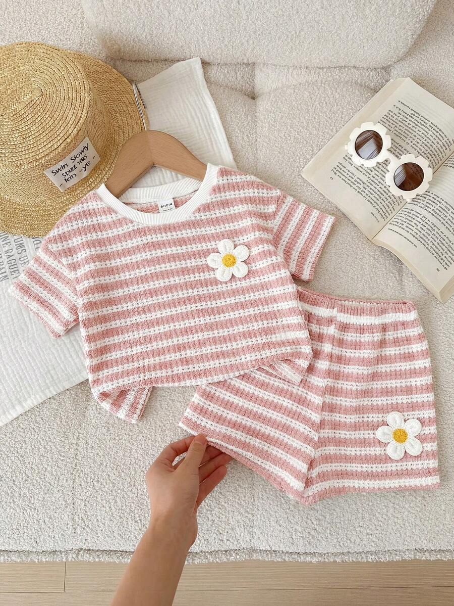 SHEIN Bộ áo thun cổ tròn kẻ sọc hoa hướng dương cho bé gái sơ sinh/trẻ nhỏ - Hồng - Xem 1