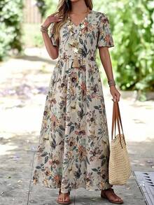 EMERY ROSE 女士浪漫碎花V领短袖连衣裙，优雅夏季外出、约会、度假的理想之选 - 銅色 - 查看 1