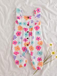 SHEIN Pelele sin mangas con cuello cuadrado, volantes y estampado floral para bebés y niñas pequeñas, adecuado para salidas de primavera/verano, vacaciones y uso diario - Multicolor - Ver 4