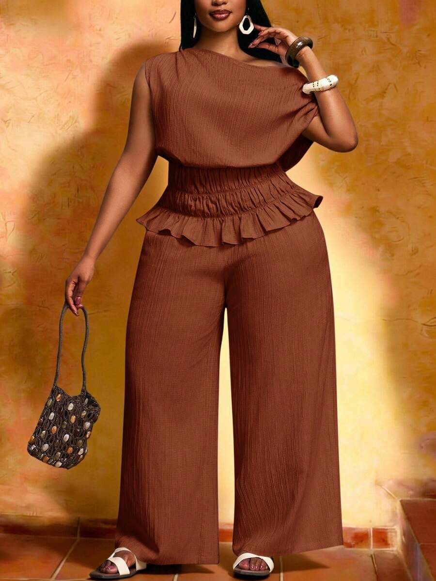 Veslaya Bộ trang phục 2 mảnh cao cấp màu mơ thanh lịch gồm áo không tay cổ lệch eo và quần ống rộng - Gỗ đỏ - Xem 1