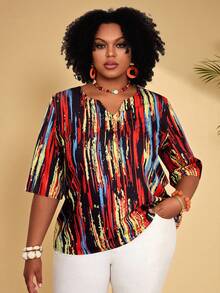 EMERY ROSE 大码女式V领条纹短袖休闲衬衫 - 彩色 - 查看 6