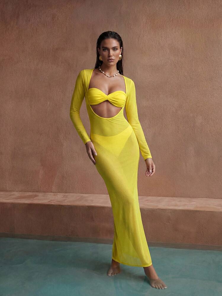 Women's Fashion Summer Vacation Twist Front Bandeau Bikini Set With Cover Up Dress