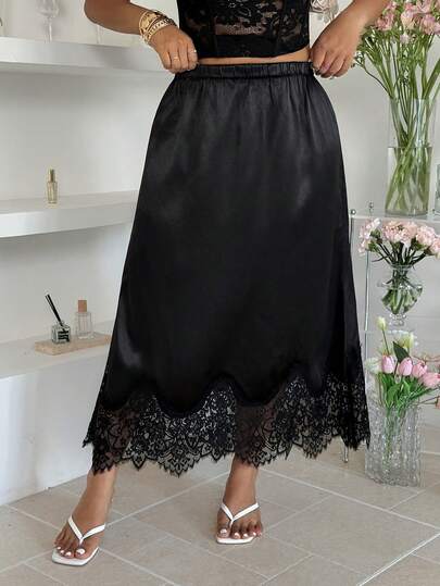 GalTyme Váy satin đen thanh lịch phối ren dành cho nữ cỡ lớn