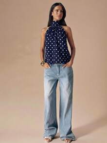 SHEIN BAE Black & White Polka Dot Backless Halter Neck Sexy Crop Top, Suitable For Music Festivals, Vacations,Summer Top - Navy Blue - View 3