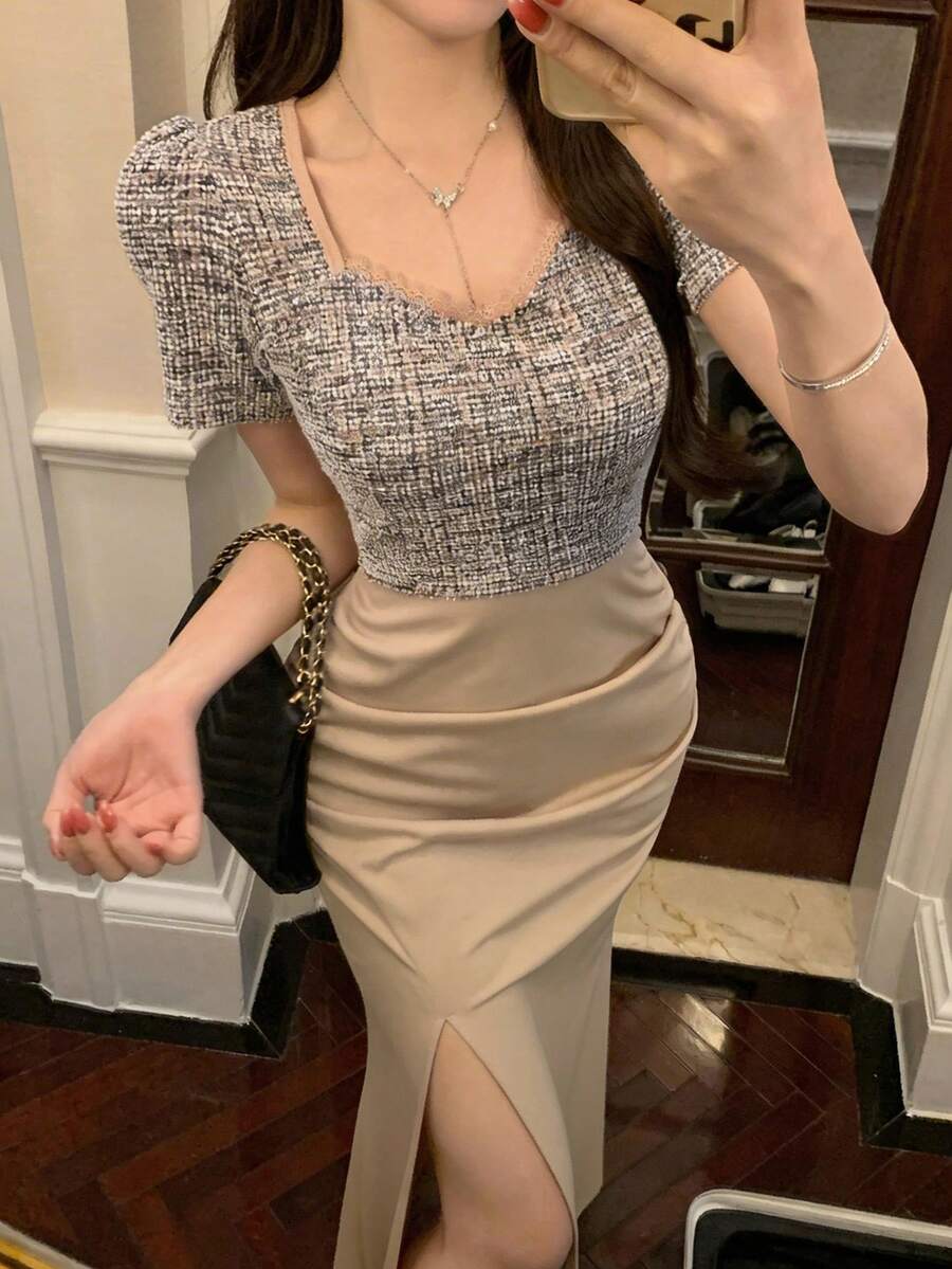 DAZY 女士优雅撞色花瓣袖开衩中长连衣裙,夏季女士连衣裙 - 卡其色 - 查看 1