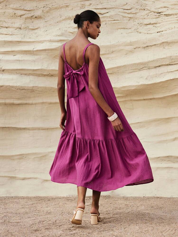SHEIN Maija Women's Vacation Casual Solid Color Tie-Back Spaghetti Strap Dress,Summer Dresses,Casual Dress, Vacation Dress,Peplum,Summer Outfits ,Festival Outfits ,Beach Outfit For Women,Holiday Outfits For Women,Country Concert Outfit,Summer Dresses For Women