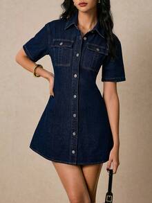 Poéselle Đầm denim nữ kiểu dáng thường ngày cài cúc phía trước, thích hợp cho mùa hè. - Màu xanh lam - Xem 5